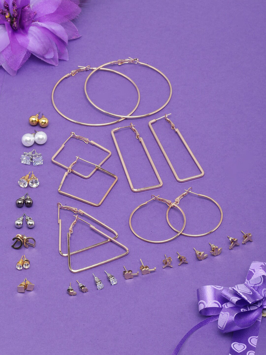 

DressBerry Set Of 20 Artificial Stones and Beads Contemporary Hoop Earrings, Rose gold