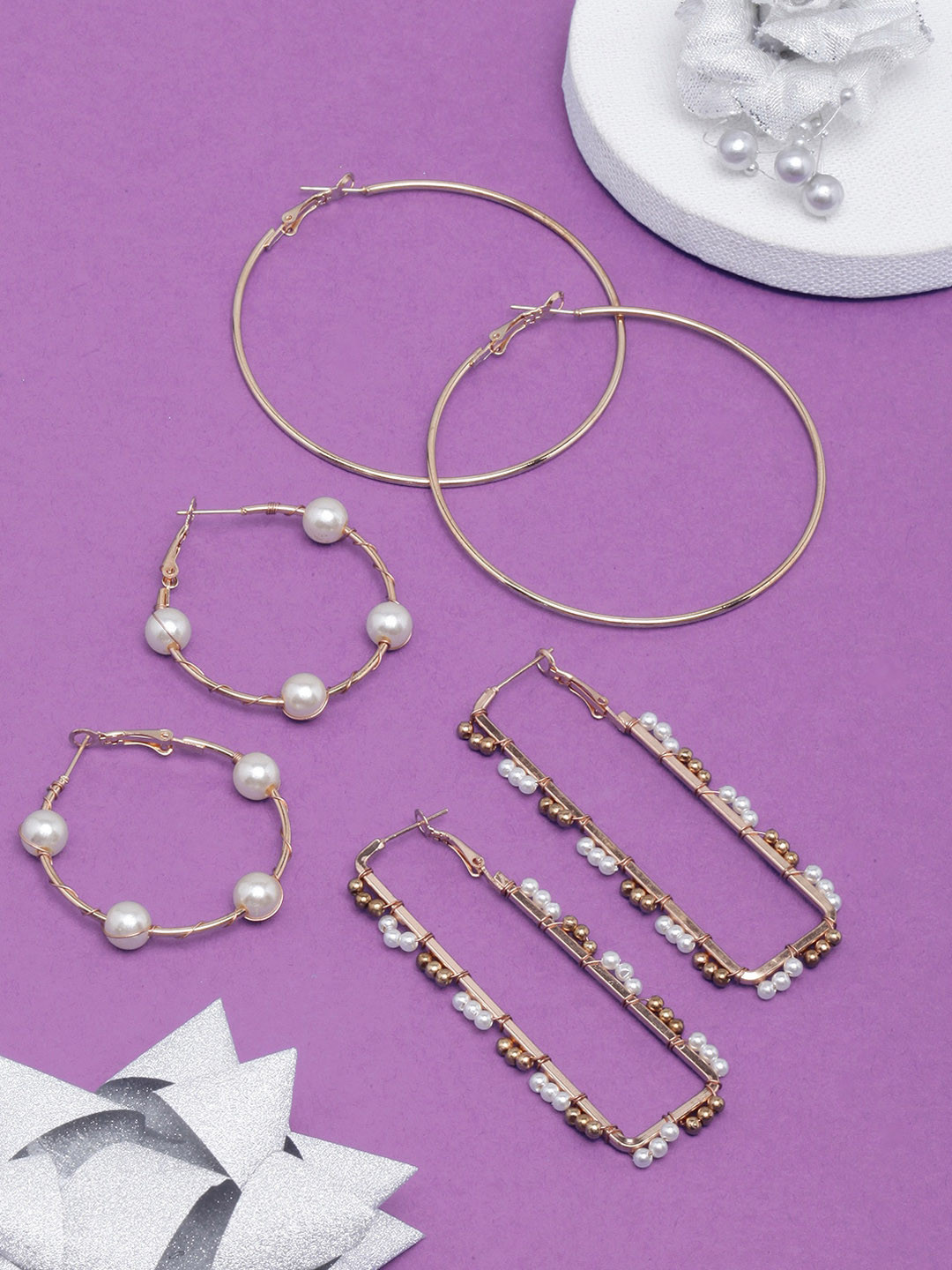 

DressBerry Set Of 3 Gold-Plated Beaded Geometric Hoop Earrings, White