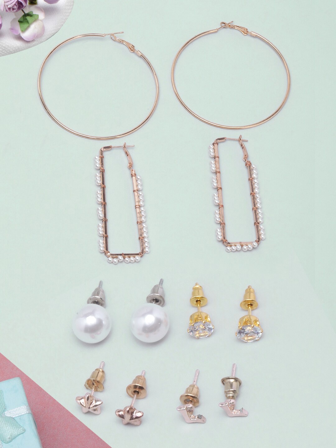 

DressBerry Set Of 6 Rose Gold-Plated Hoop & Studs Earrings, White