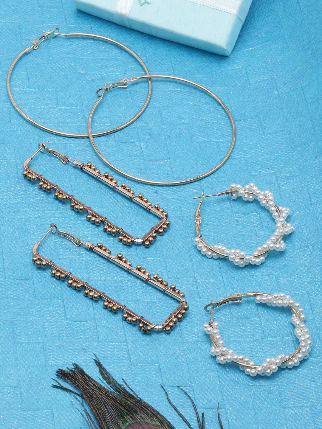 

DressBerry Set Of 3 Gold-Plated Beaded Hoop Earrings, White
