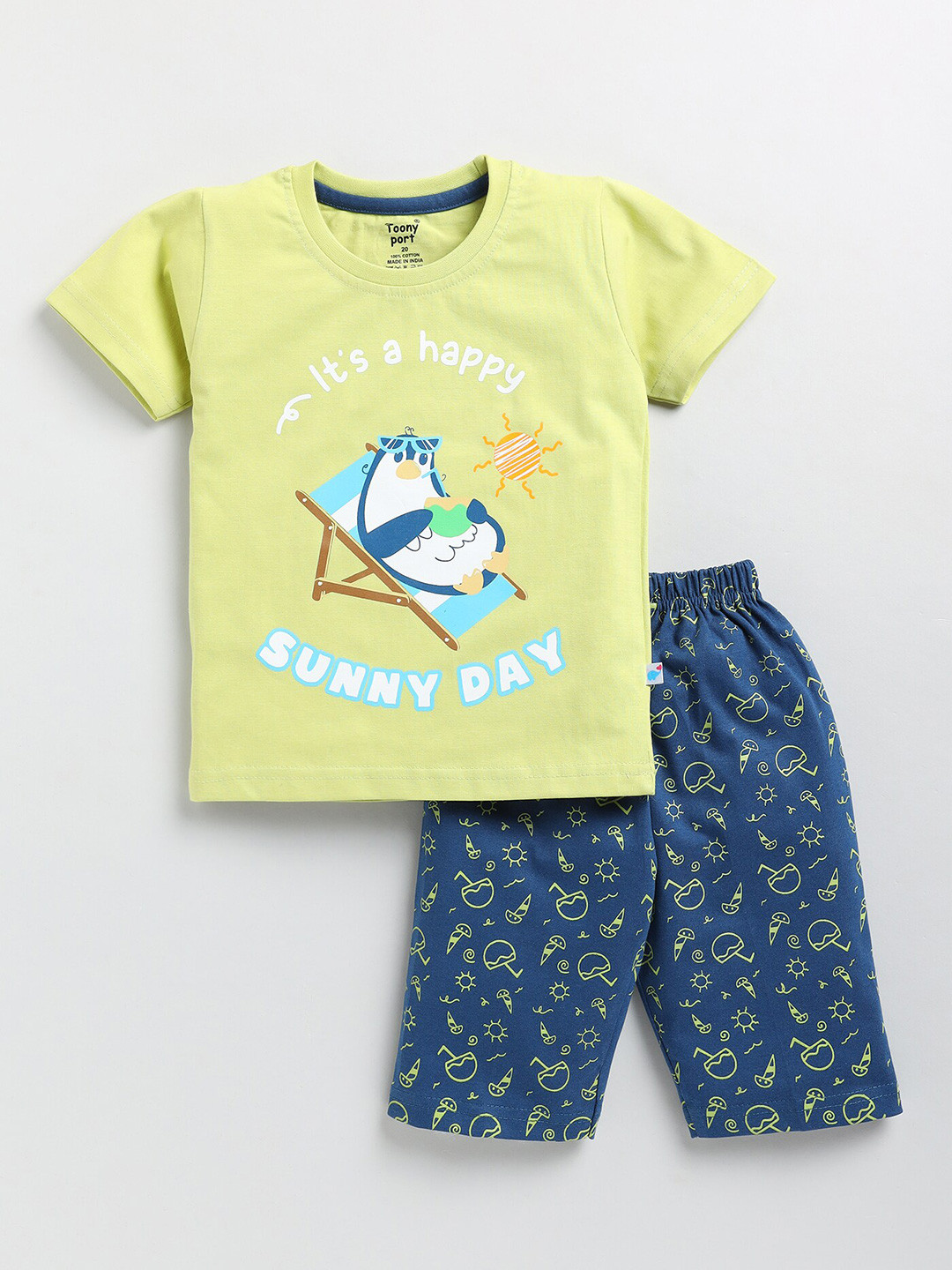 

Toonyport Boys Printed Cotton T-shirt with Shorts, Lime green