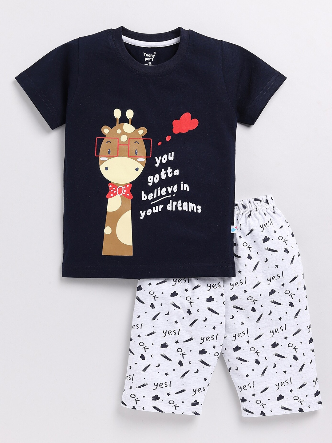 Toonyport Boys Printed Cotton T-shirt with Shorts, Navy blue