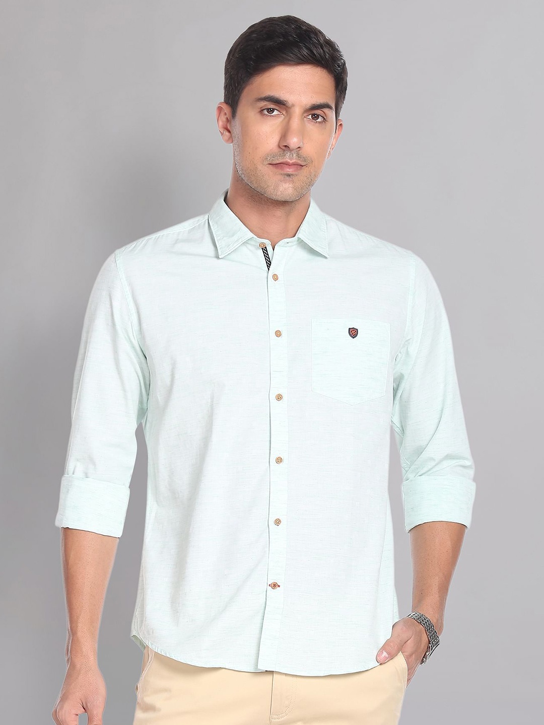 

AD By Arvind Self Design Heathered Pure Cotton Casual Shirt, Green