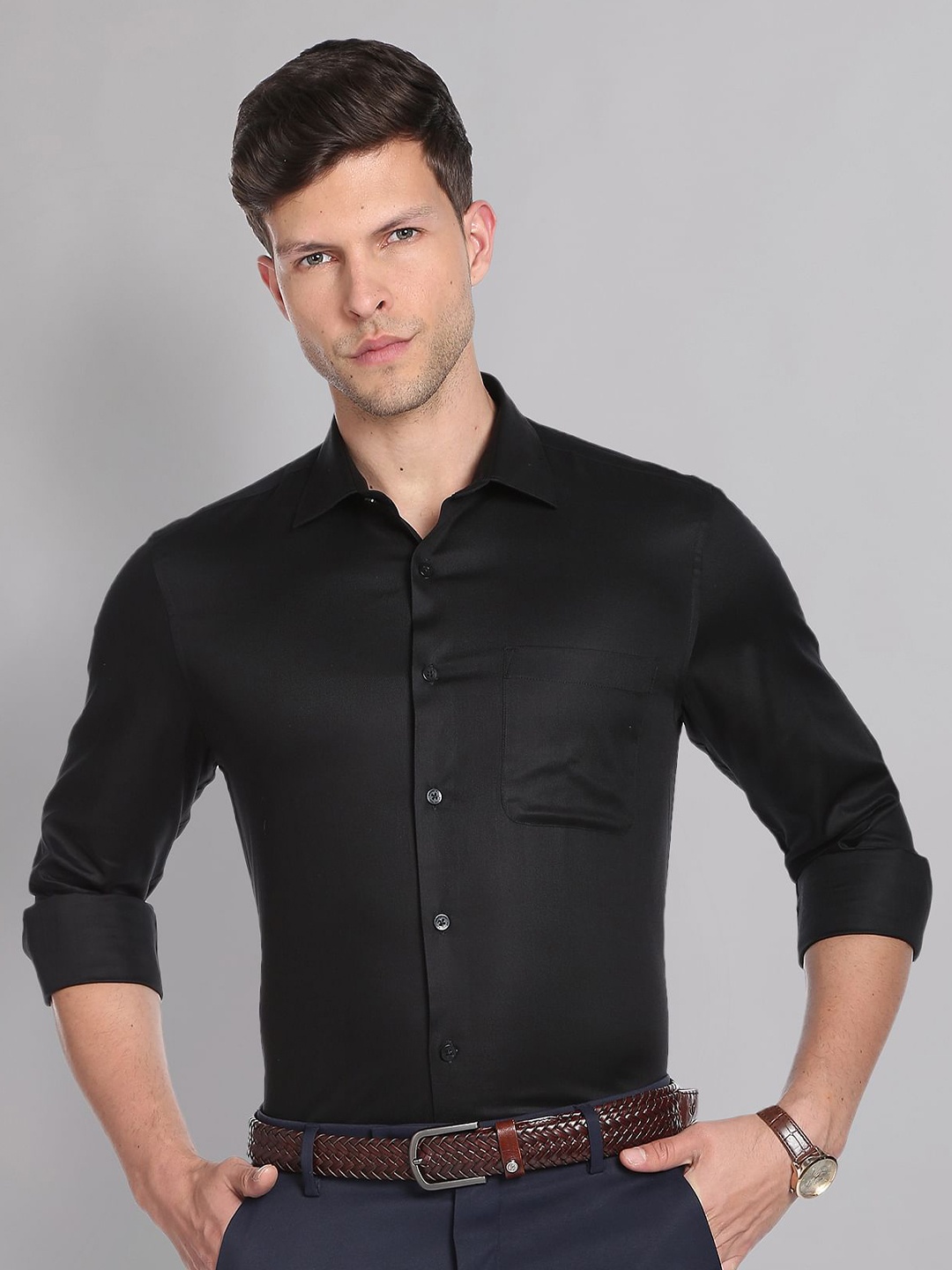 

AD By Arvind Spread Collar Pure Cotton Formal Shirt, Black