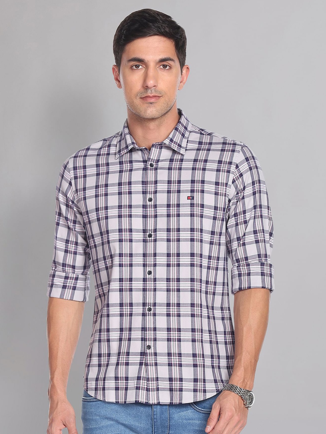 

AD By Arvind Checked Pure Cotton Slim Fit Casual Shirt, Grey