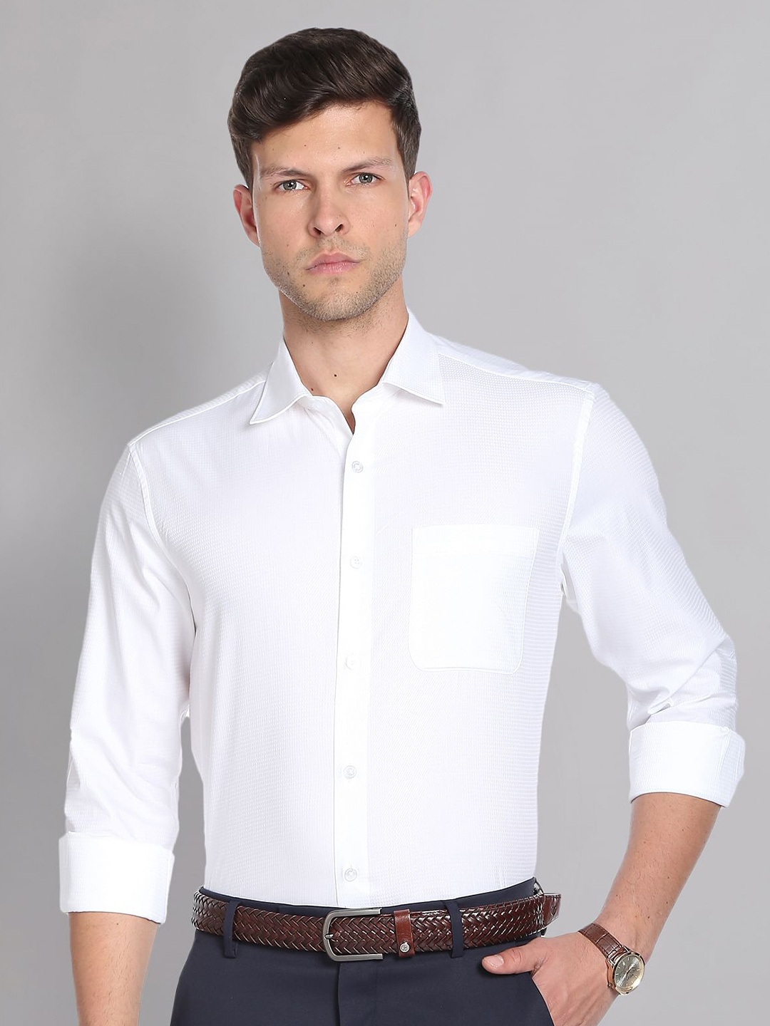 

AD By Arvind Textured Self Design Pure Cotton Formal Shirt, White