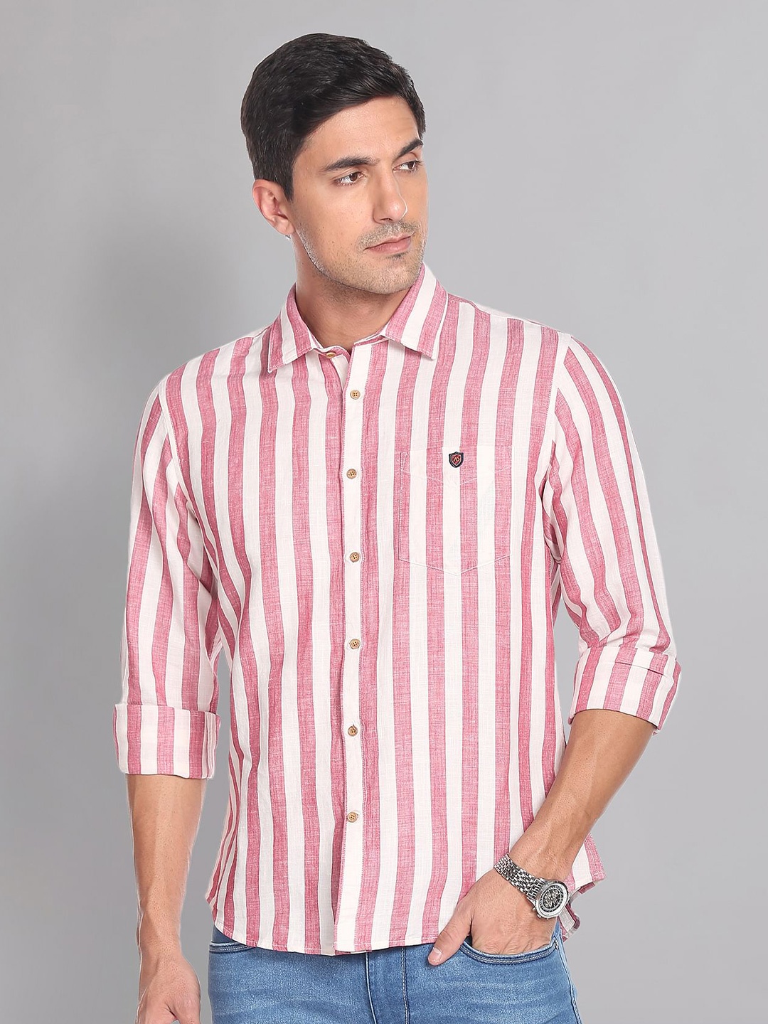 

AD By Arvind Vertical Stripes Linen Cotton Slim Fit Casual Shirt, Red