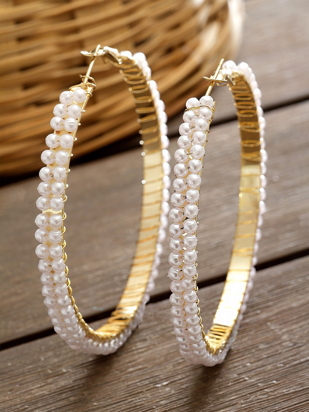 

Bohey by KARATCART Gold Plated Contemporary Beaded Hoop Earrings, White