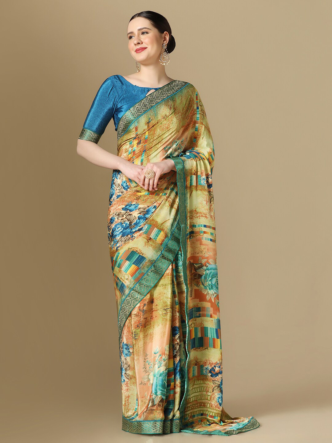 

Mitera Floral Printed Silk Blend Saree, Red
