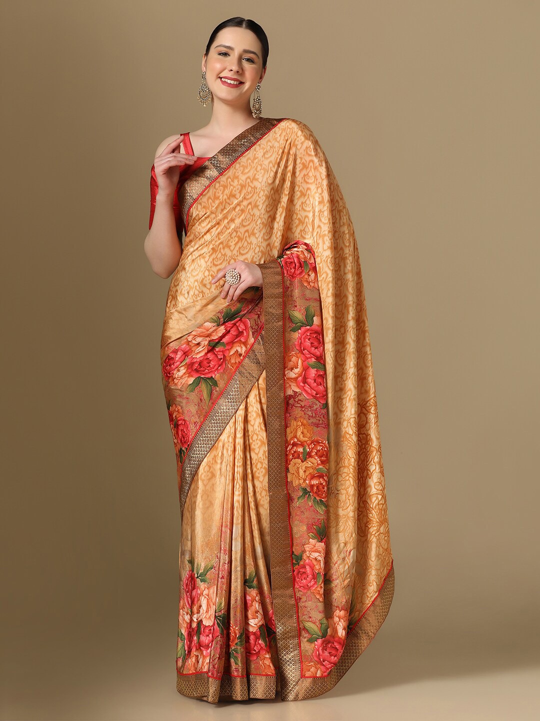 

Mitera Floral Printed Zari Silk Blend Saree, Peach