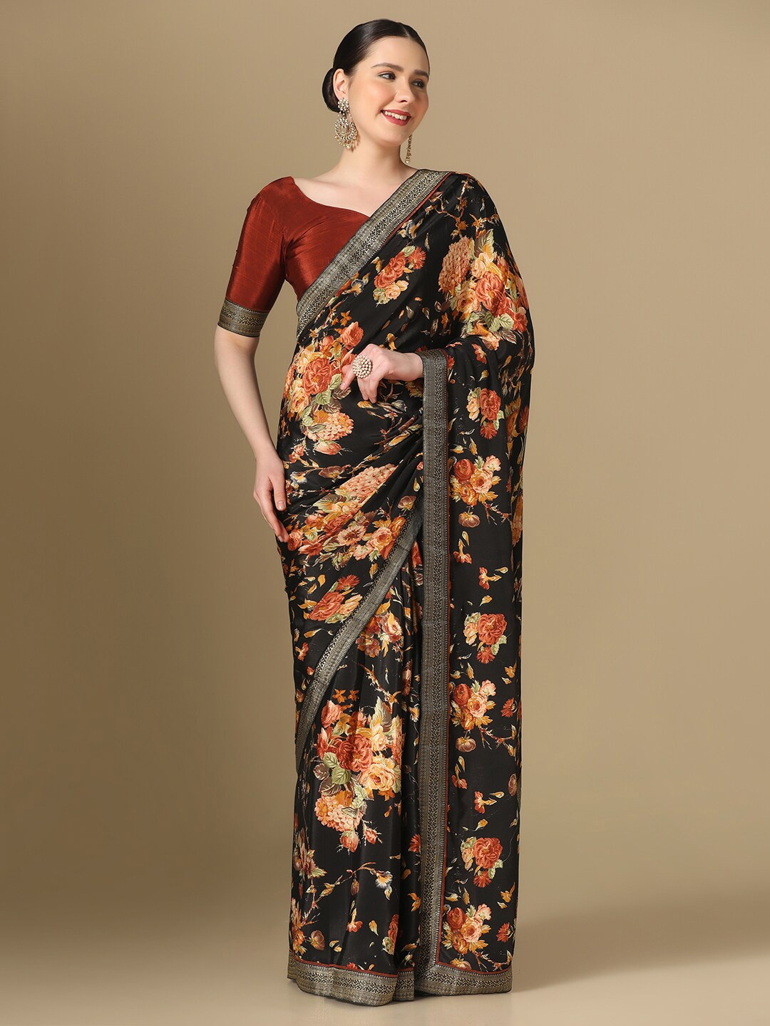 

Mitera Floral Printed Saree, Black
