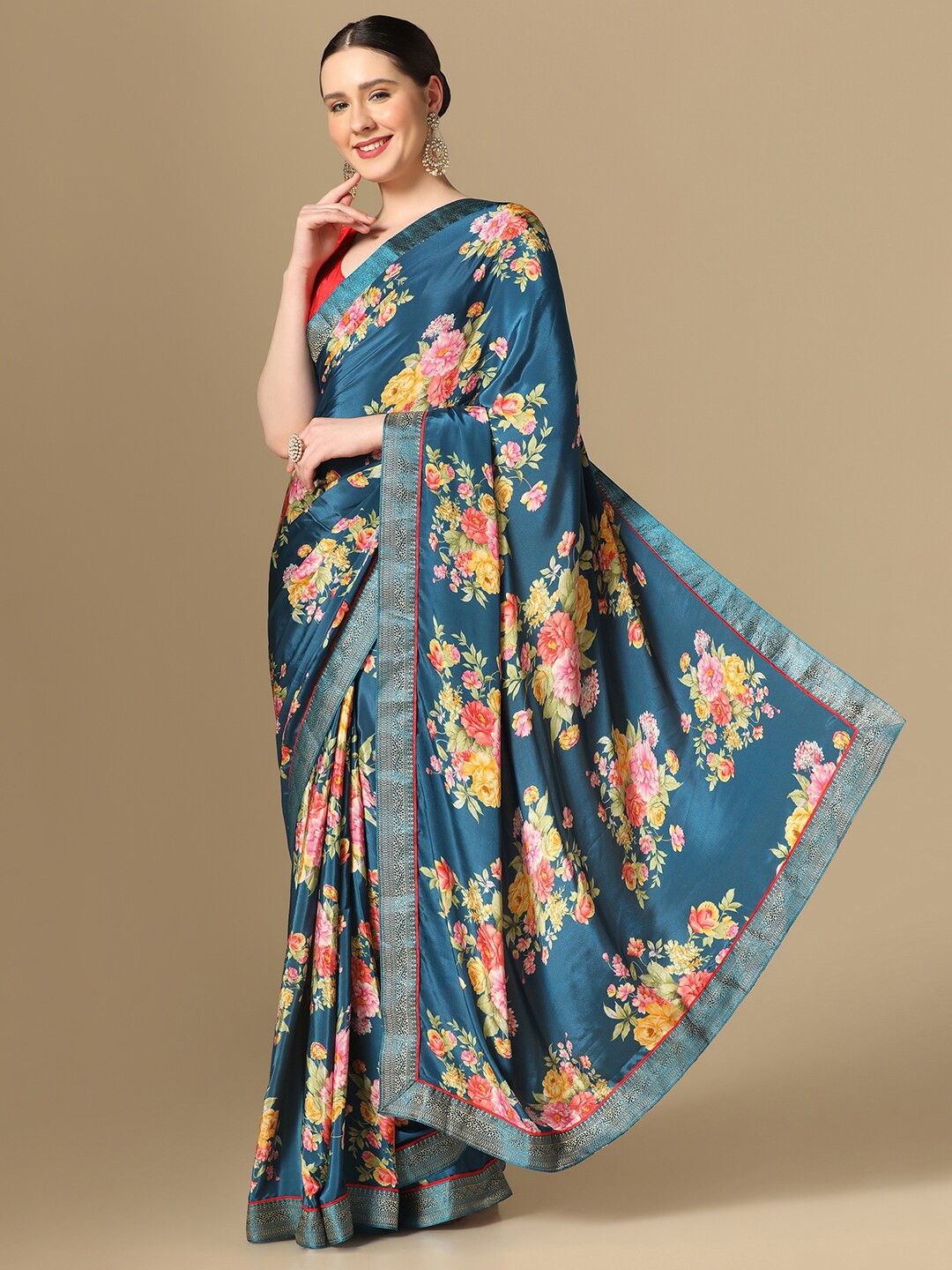 

Mitera Floral Printed Silk Blend Saree, Green