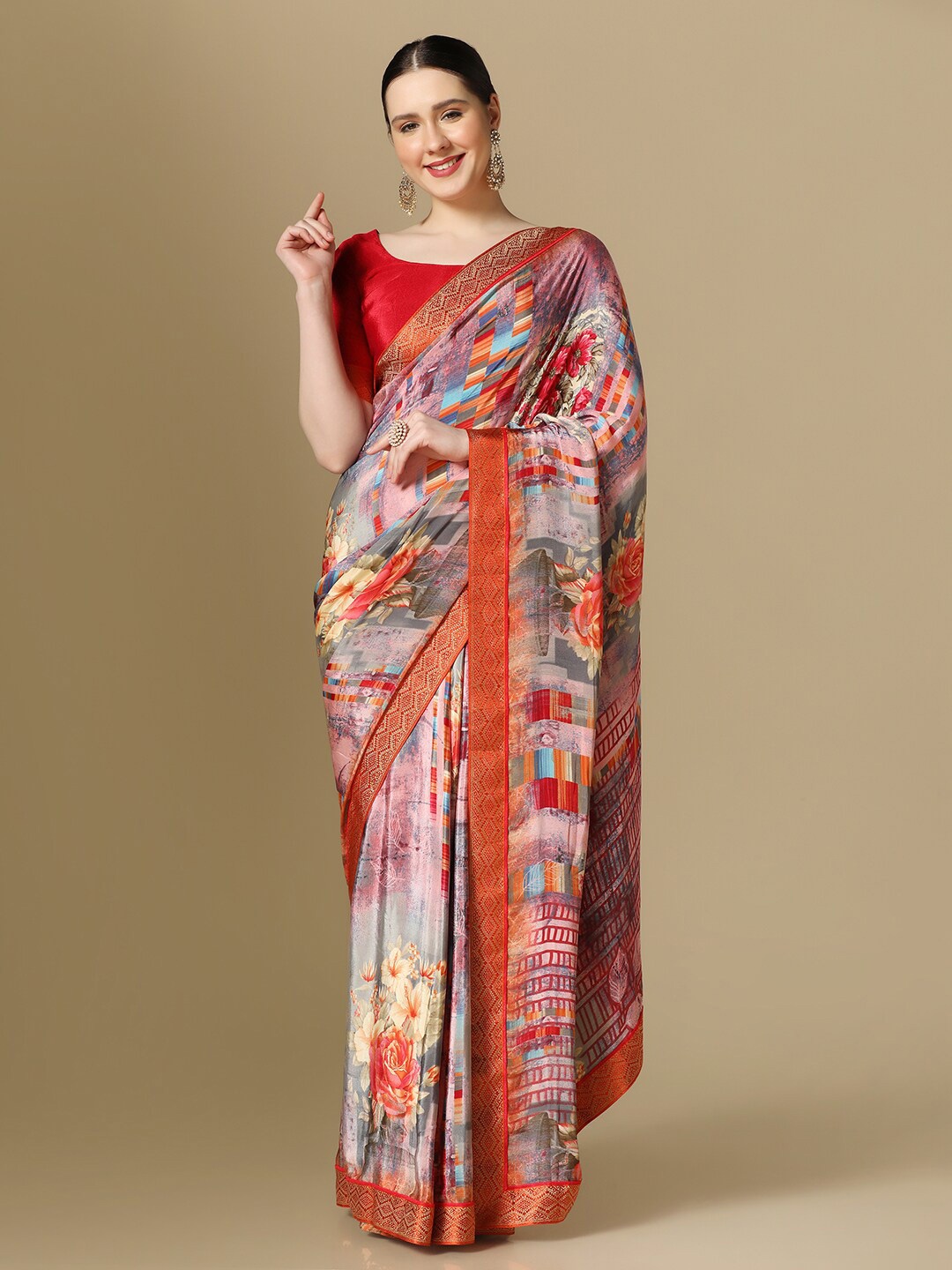 

Mitera Floral Printed Zari Silk Blend Saree, Peach