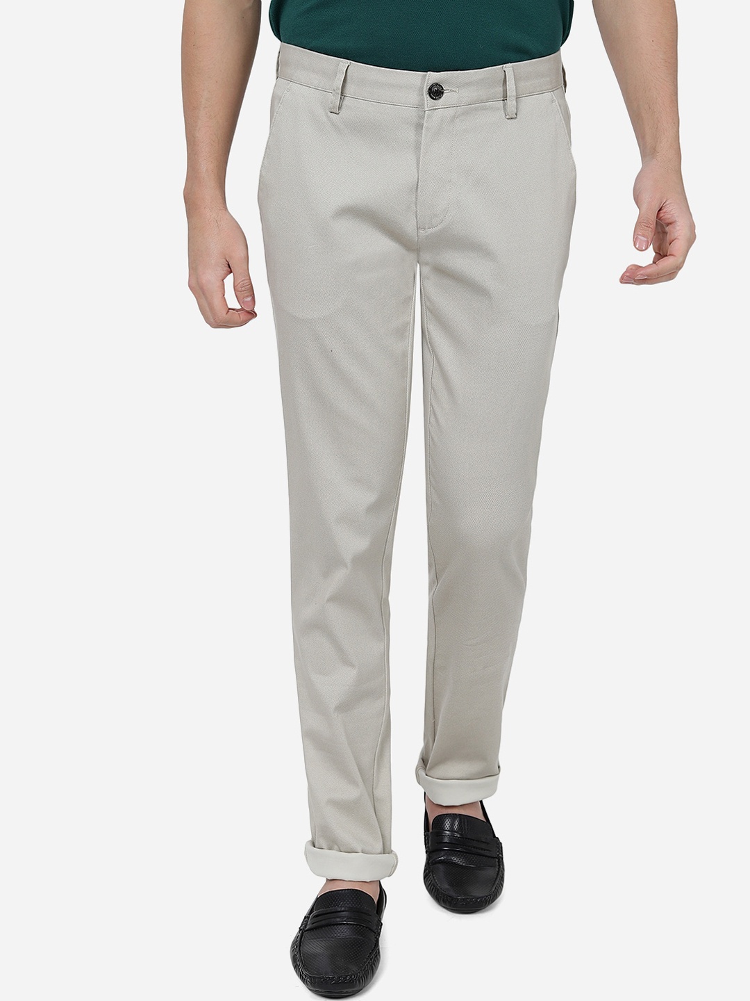 

JADE BLUE Men Slim Fit Cotton Chino Trousers, Cream