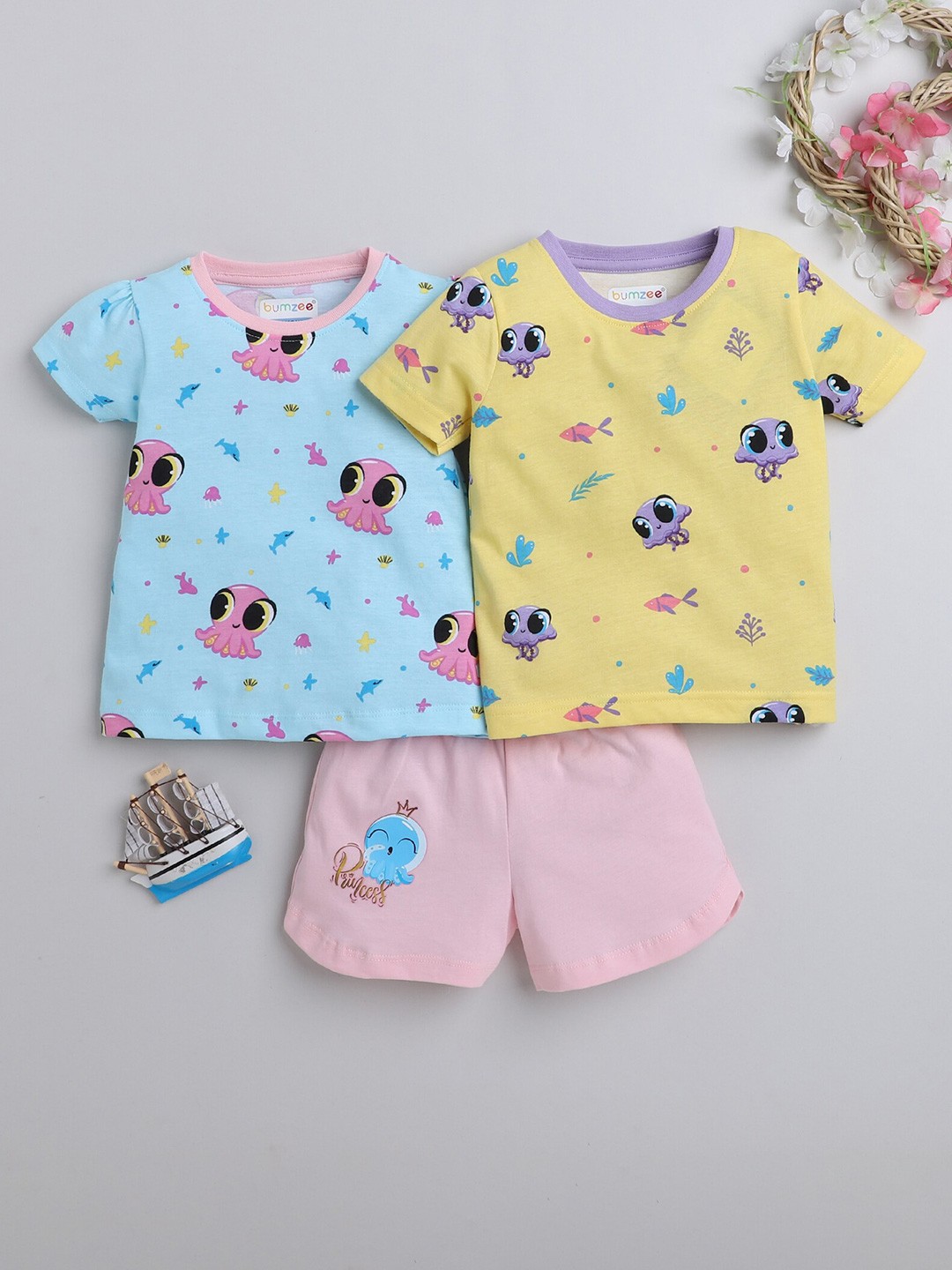 

BUMZEE Infant Girls 3Pcs Printed Pure Cotton T-shirt with Shorts, Yellow