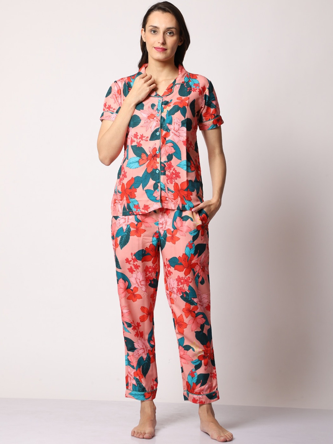 

Urban Komfort Women Pink & Green Printed Night suit