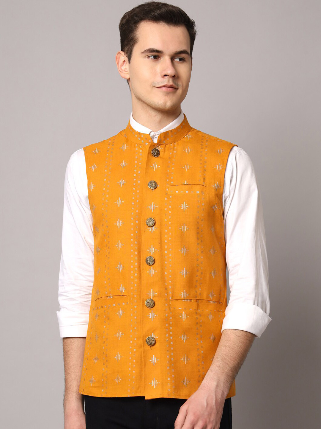 

Sutidora Men Ethnic Motif Printed Pure Cotton Woven Nehru Jacket, Yellow