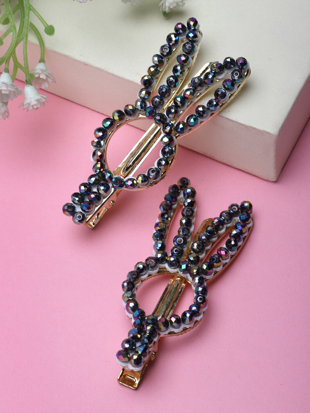 

VOGUE PANASH Women Set Of 2 Bunny Beads Embellished Alligator Hair Clips, Black