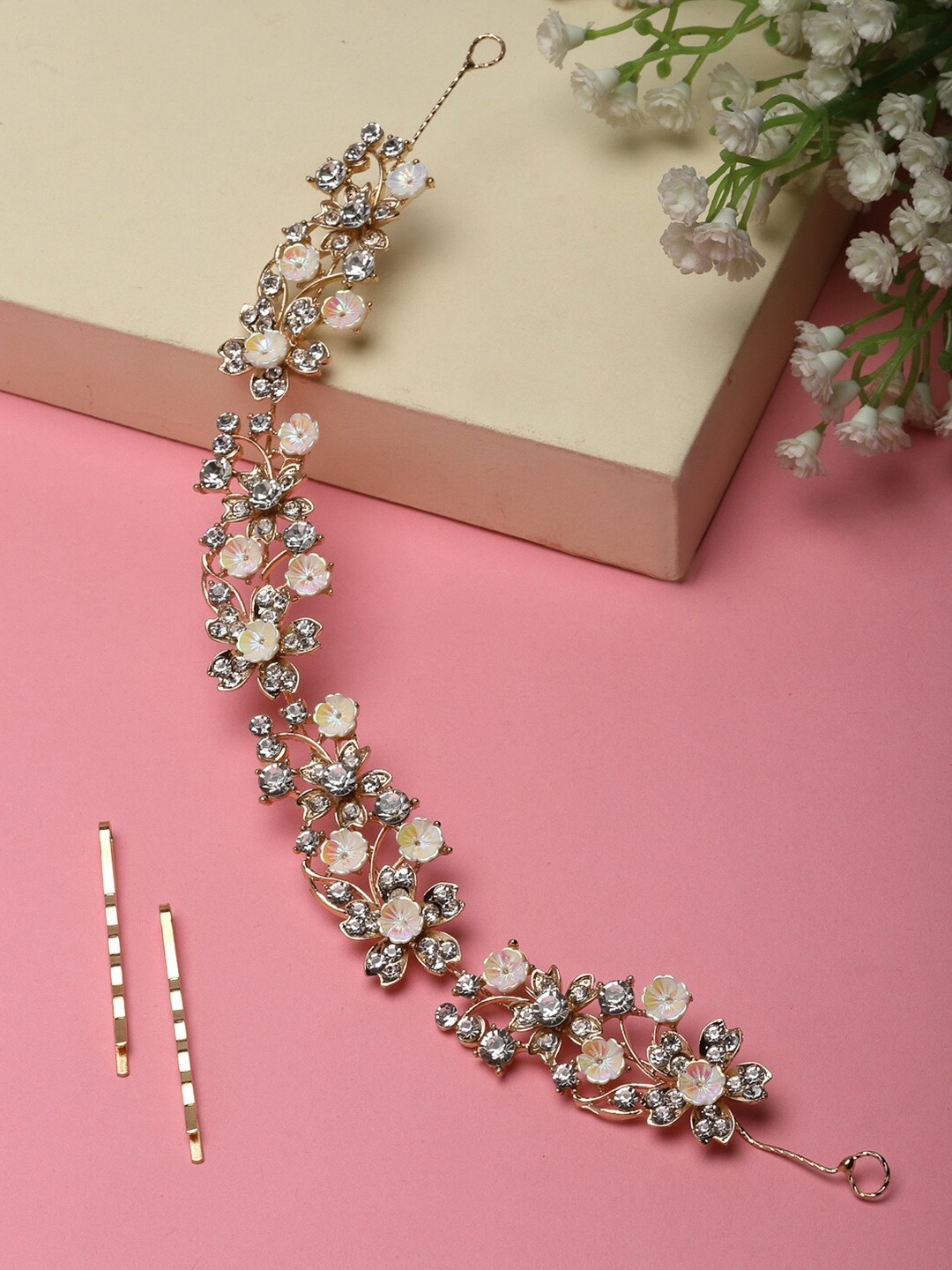 

PANASH Women Gold-Plated CZ Stone Floral Shaped Embellished Tiara