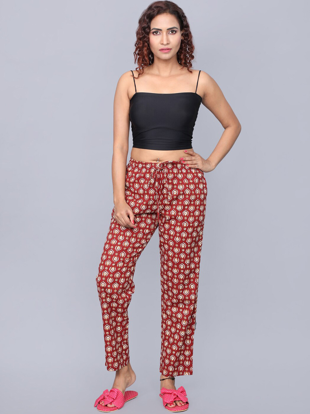 

evolove Printed Mid-Rise Relaxed Fit Cotton Lounge Pants, Rust