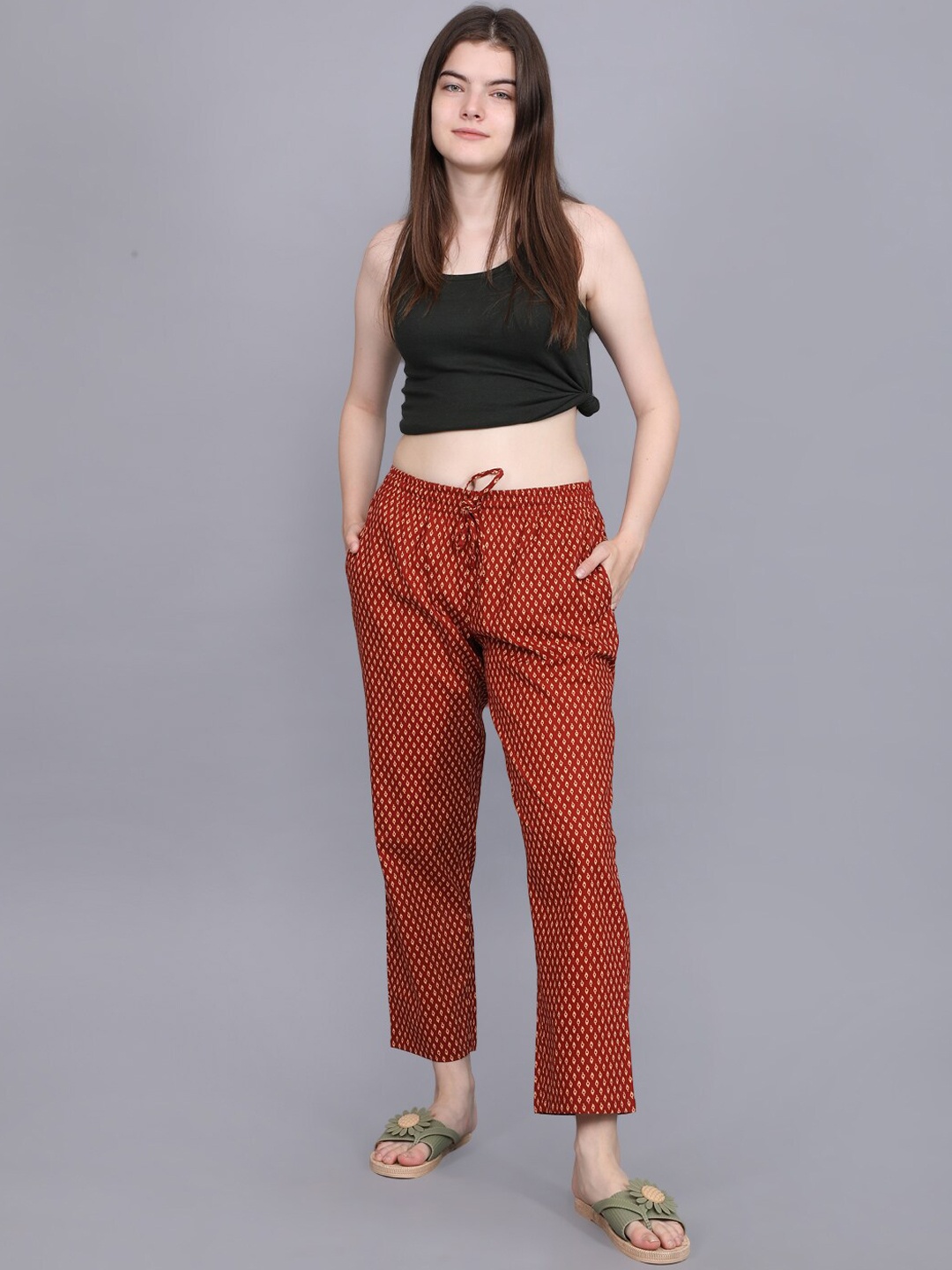 

evolove Printed Relaxed Fit Cotton Lounge Pants With Comfortable Pockets, Maroon