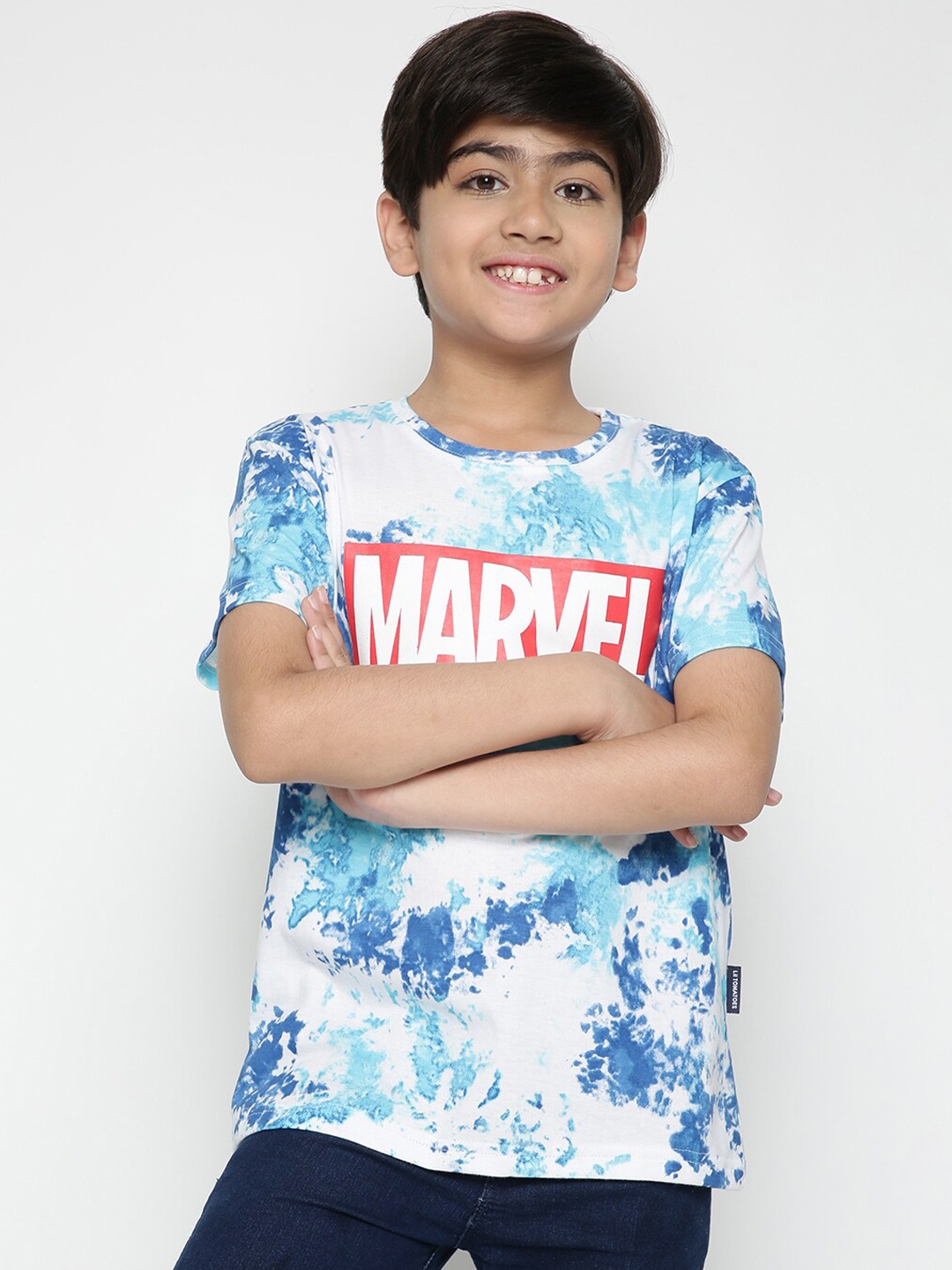 

Lil Tomatoes Boys Marvel Typography Printed T-shirt, Blue