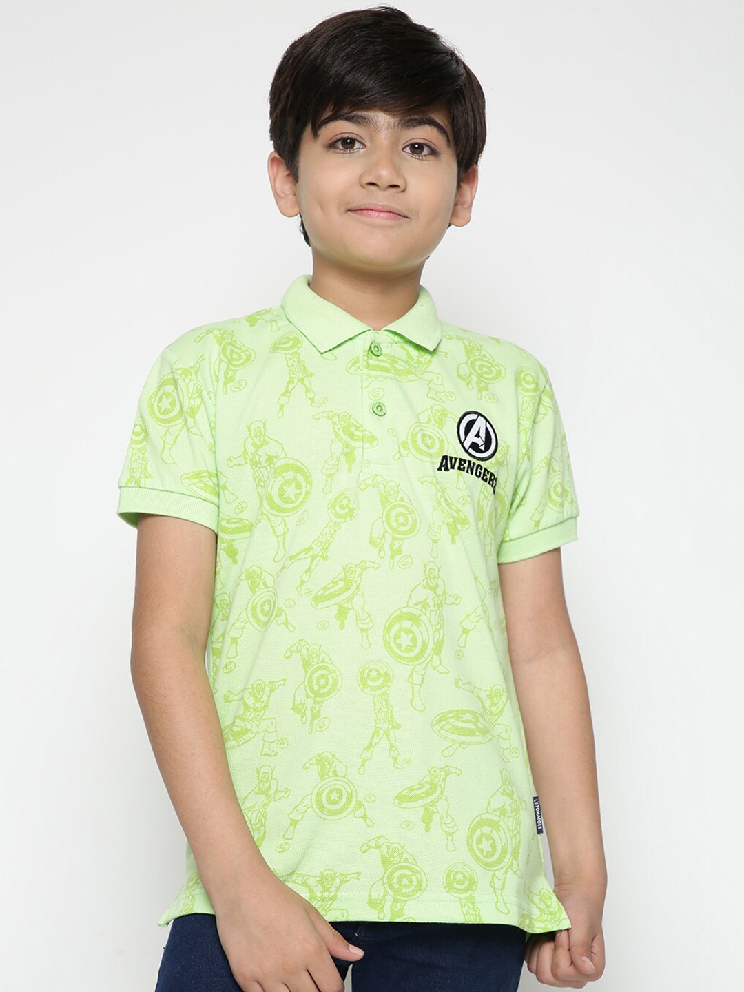 

Lil Tomatoes Boys Captain America Printed Avengers Polo Collar Single Jersey T-Shirt, Green