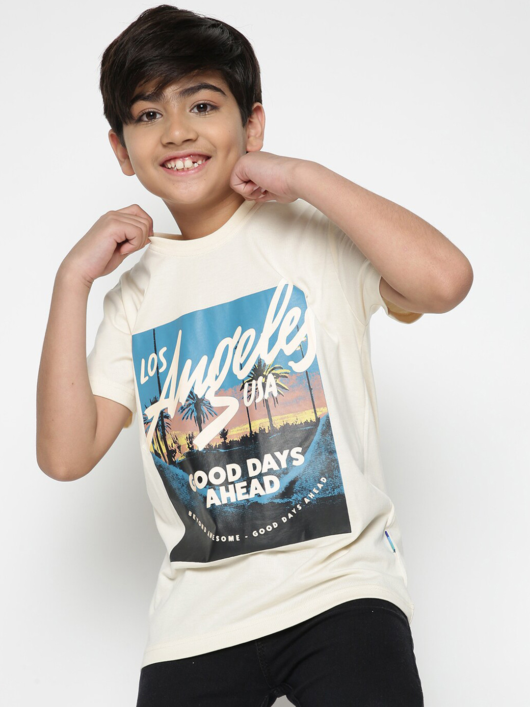 

Lil Tomatoes Boys Graphic Printed Round Neck Cotton Extra Comfort T-shirt, Cream
