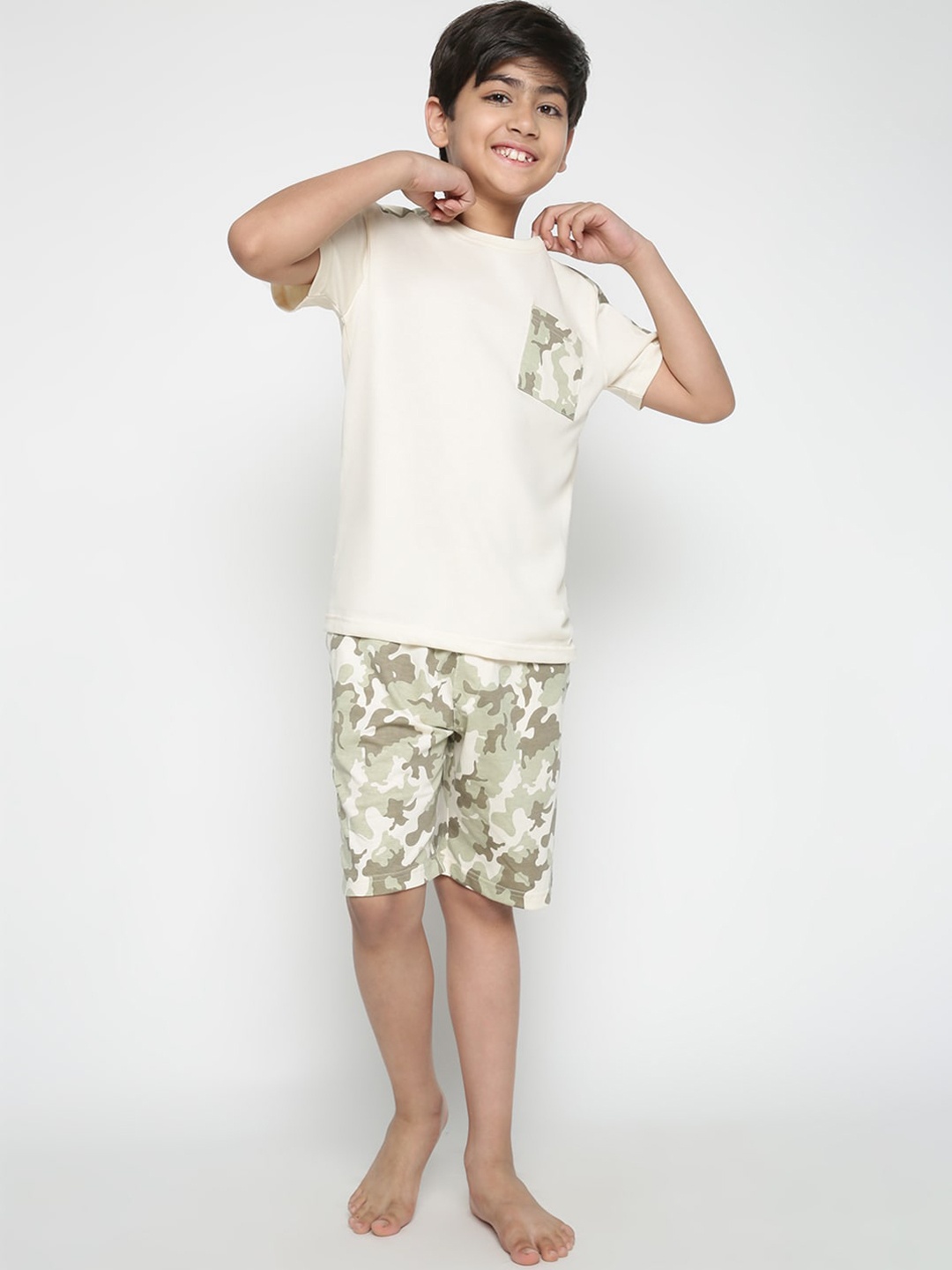 

Lil Tomatoes Boys Camouflage Printed Night Suit, Cream