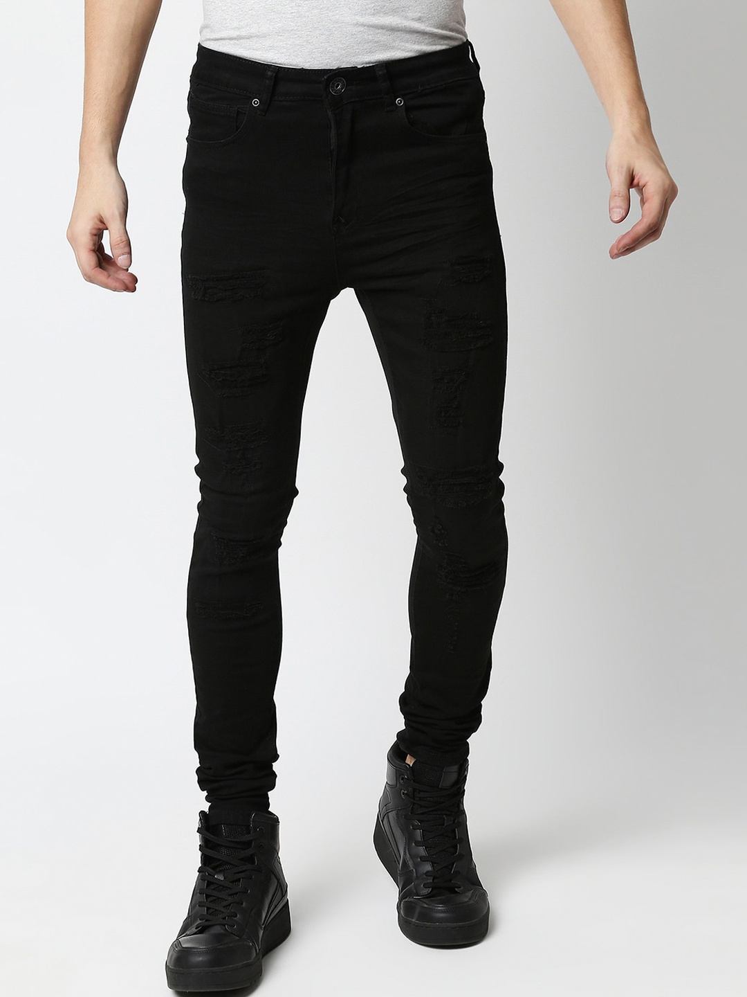 

WAIMEA Men Slim Fit Low Distress Stretchable Jeans, Black
