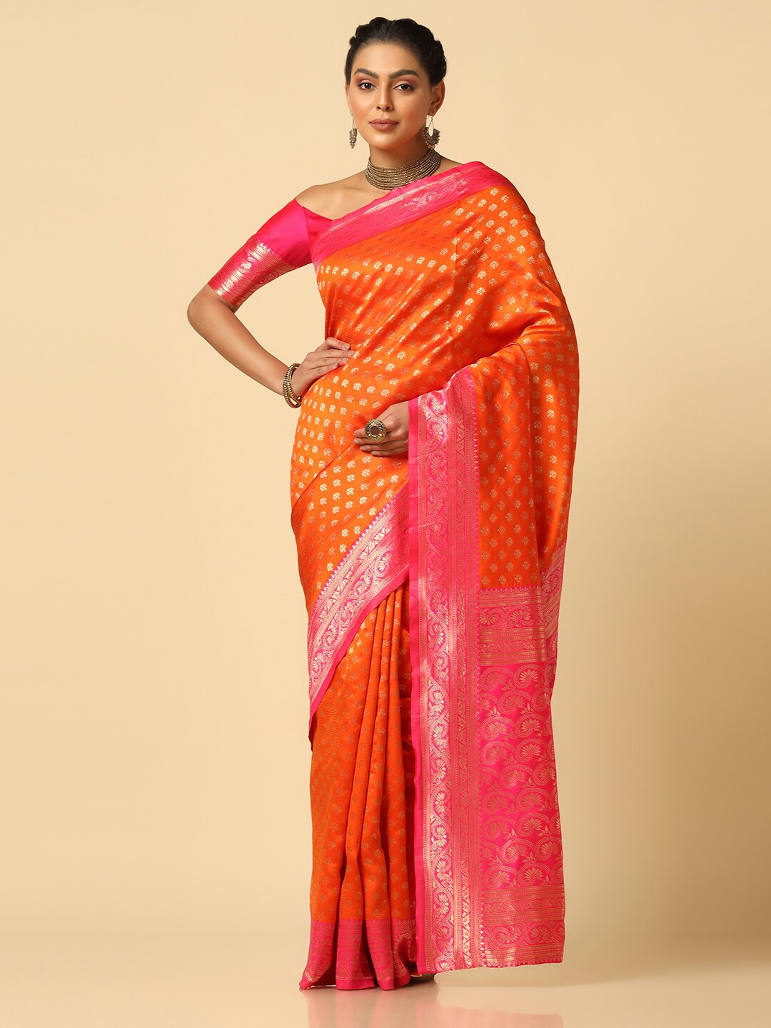 

Satrani Ethnic Motifs Woven Design Zari Banarasi Saree, Orange