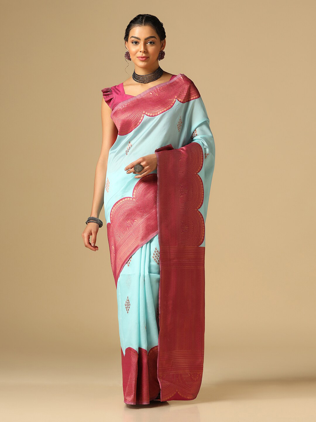 

Satrani Geometric Woven Design Zari Banarasi Saree, Blue