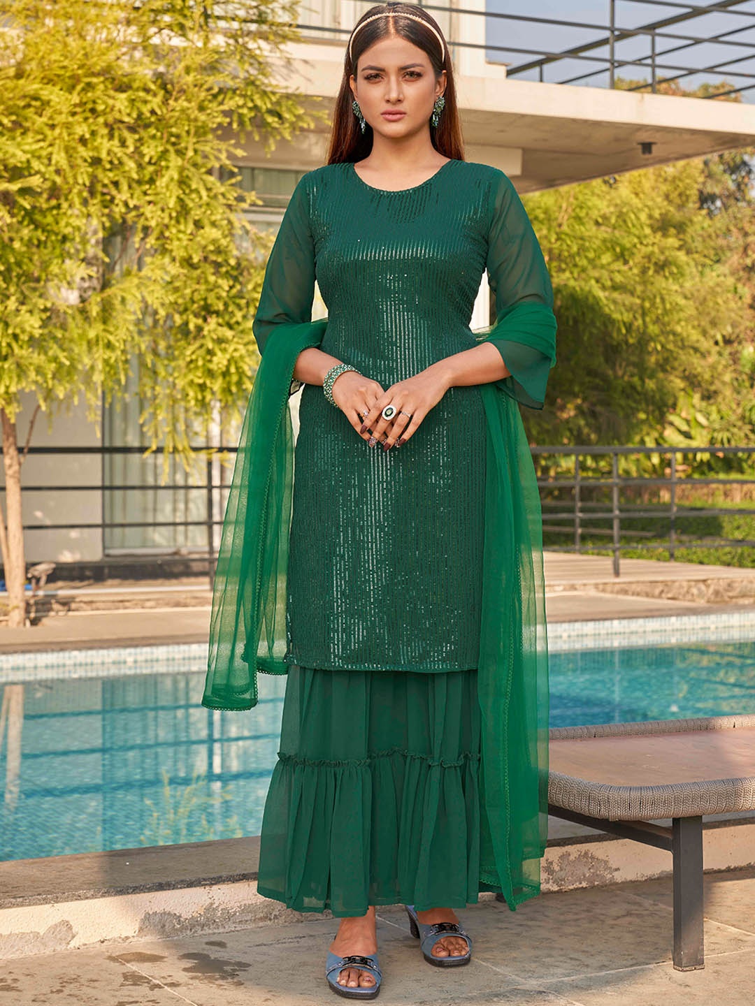 

Tikhi Imli Sequinned Embellished Kurta with Sharara & Dupatta, Green