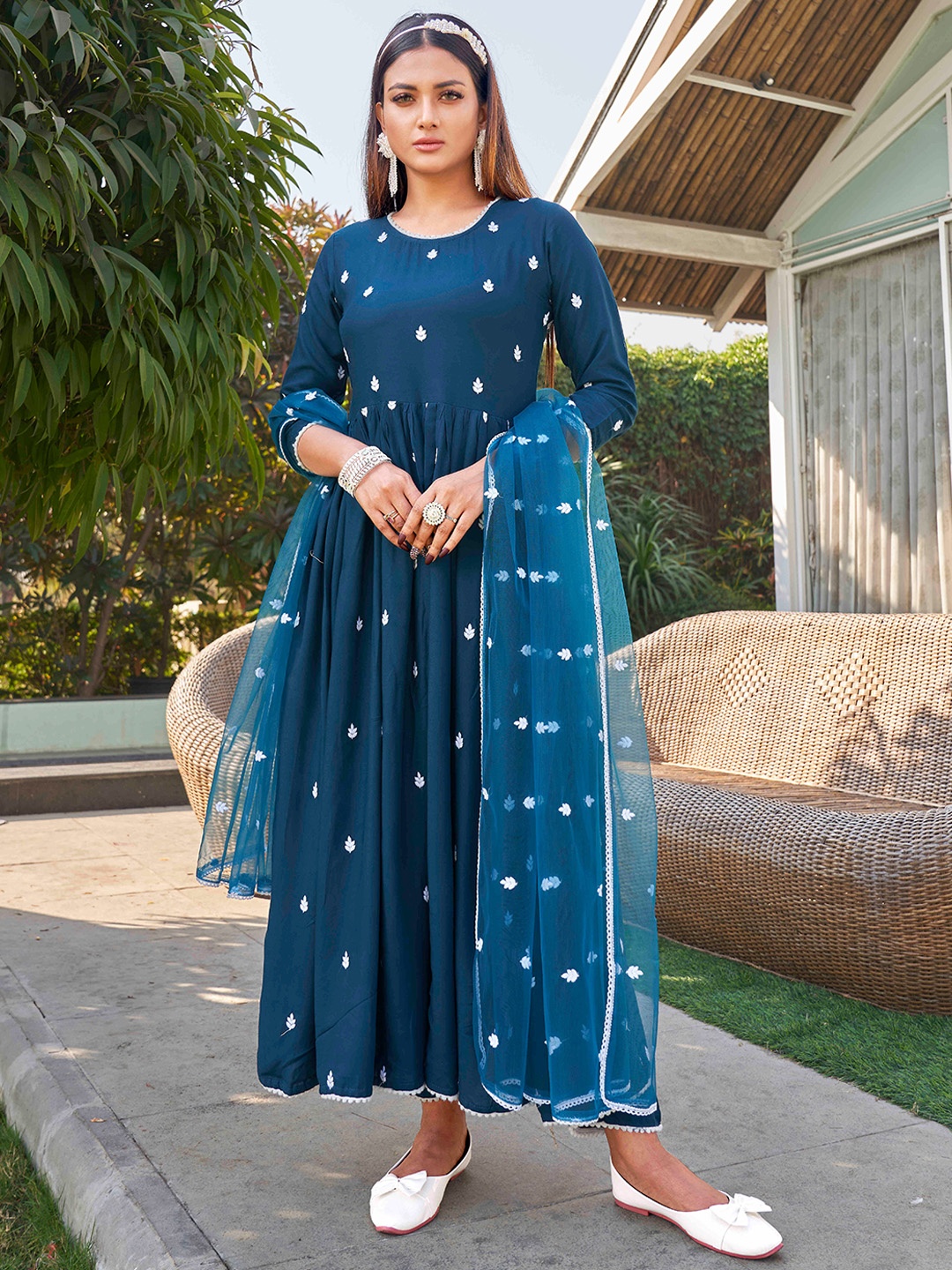 

Tikhi Imli Floral Embroidered Pleated Anarkali Kurta with Trousers & Dupatta, Blue