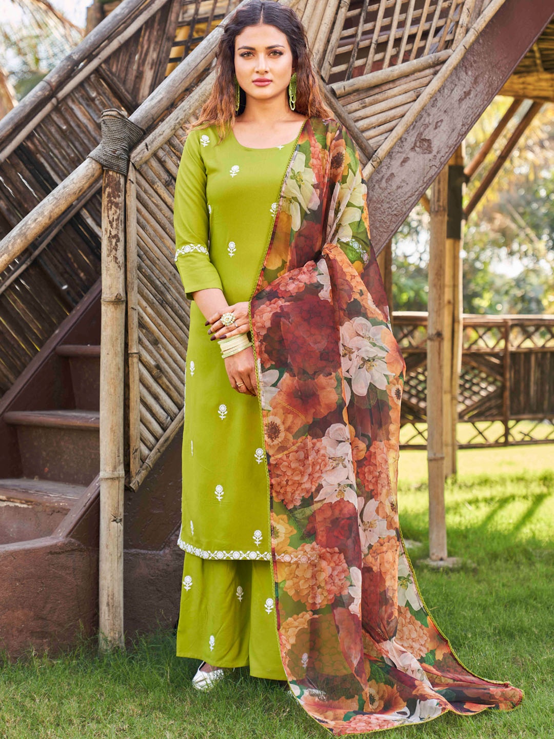 

Tikhi Imli Floral Embroidered Kurta with Sharara & Dupatta, Green
