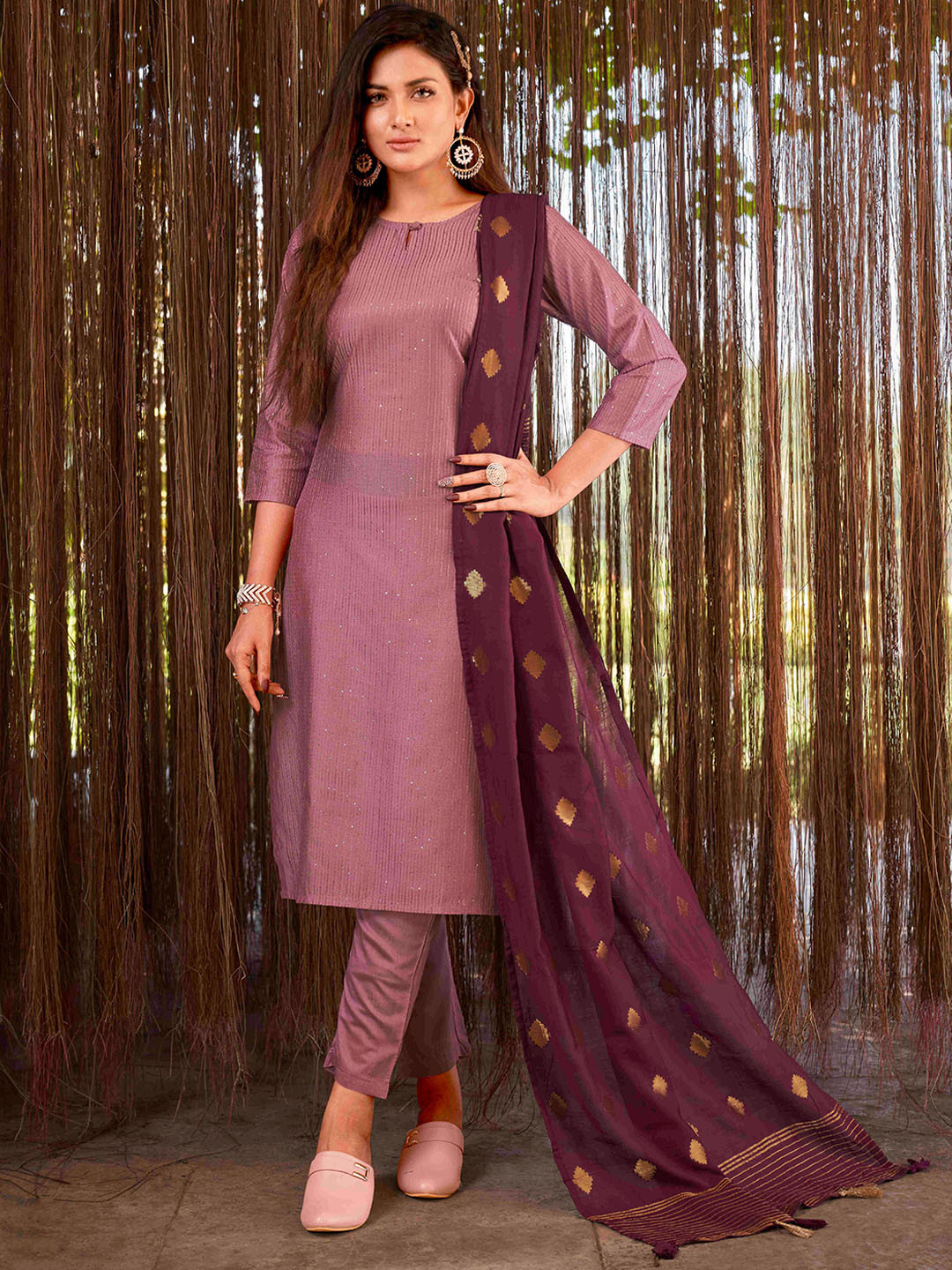 

Tikhi Imli Keyhole Neck Striped Thread Work Kurta with Trousers & Dupatta, Purple