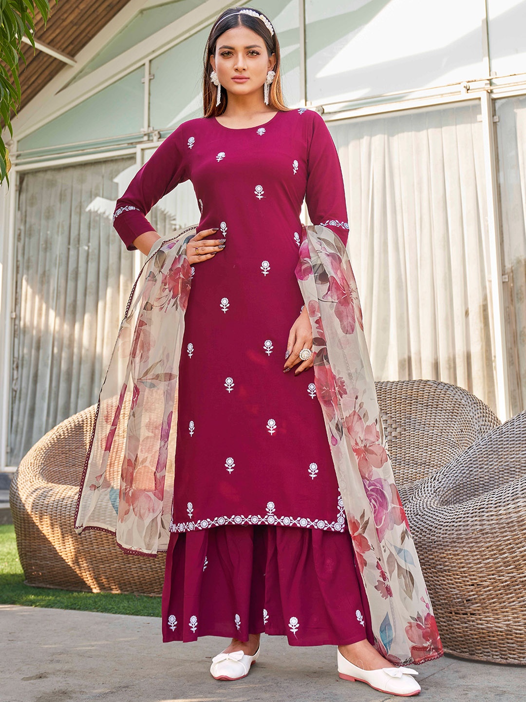 

Tikhi Imli Floral Embroidered Kurta with Sharara & Dupatta, Fuchsia
