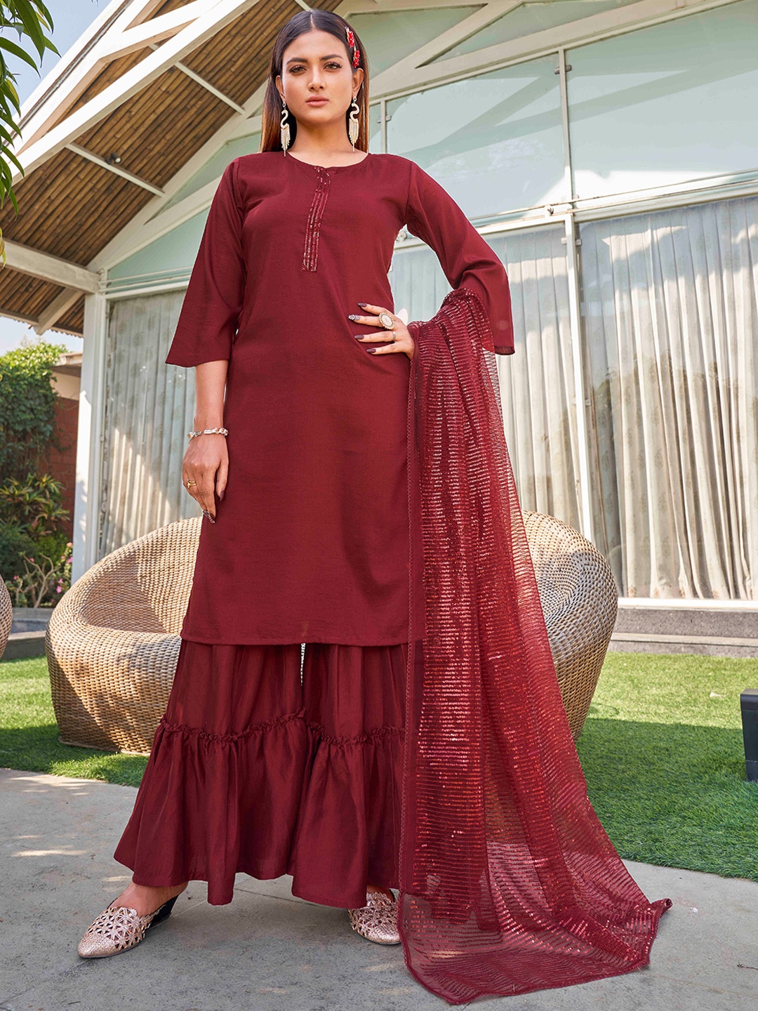 

Tikhi Imli Straight Sequinned Kurta with Sharara & Dupatta, Maroon