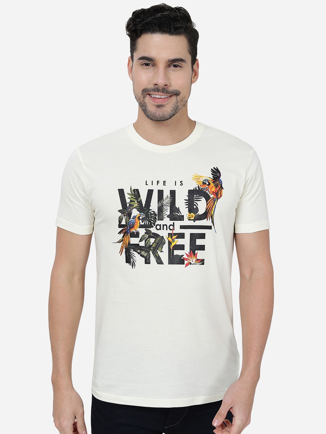

Greenfibre Typography Printed Slim Fit Cotton T-shirt, Cream