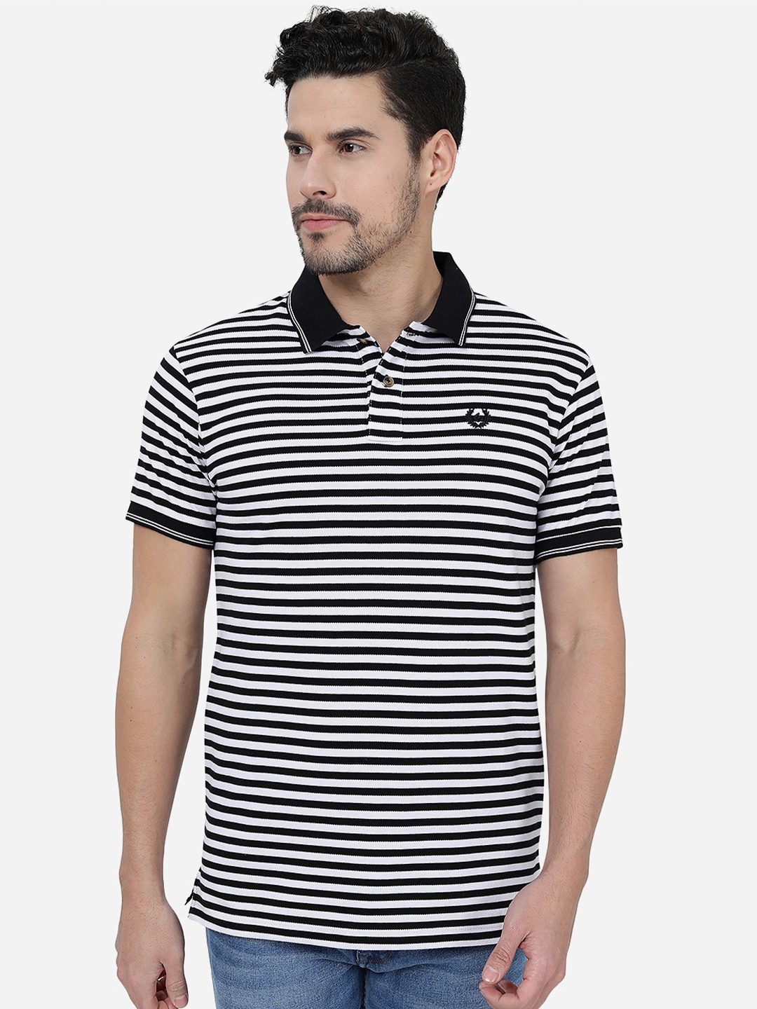 

Greenfibren Monochrome Striped Polo Collar Cotton Slim Fit T-shirt, Black