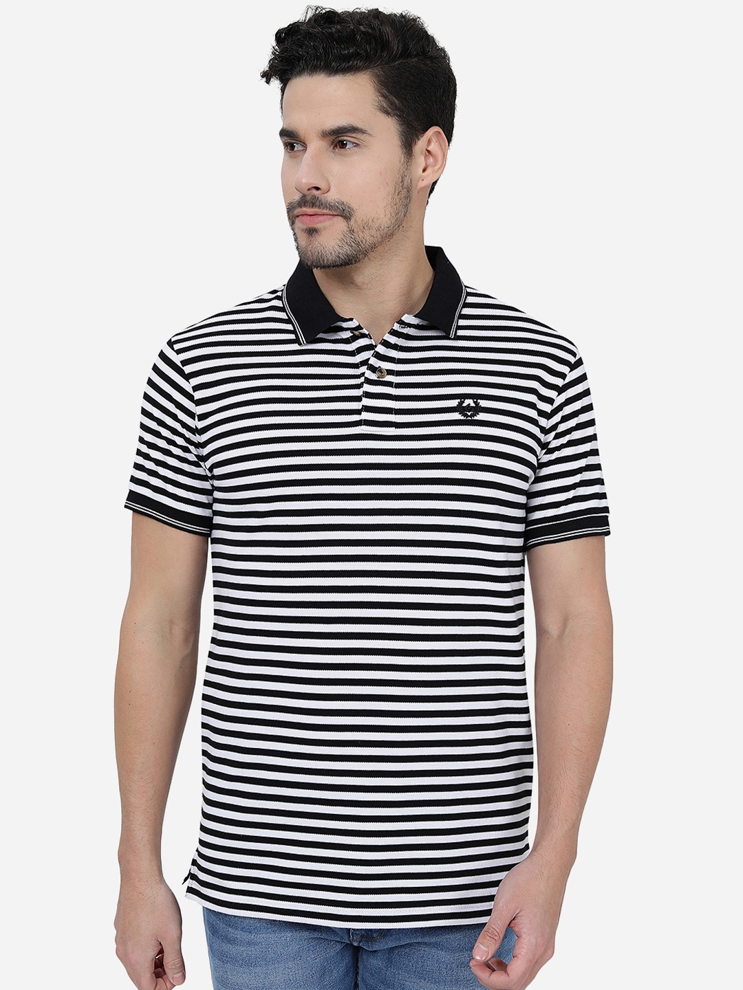 

Greenfibre Monochrome Striped Polo Collar Cotton Slim Fit T-shirt, Black