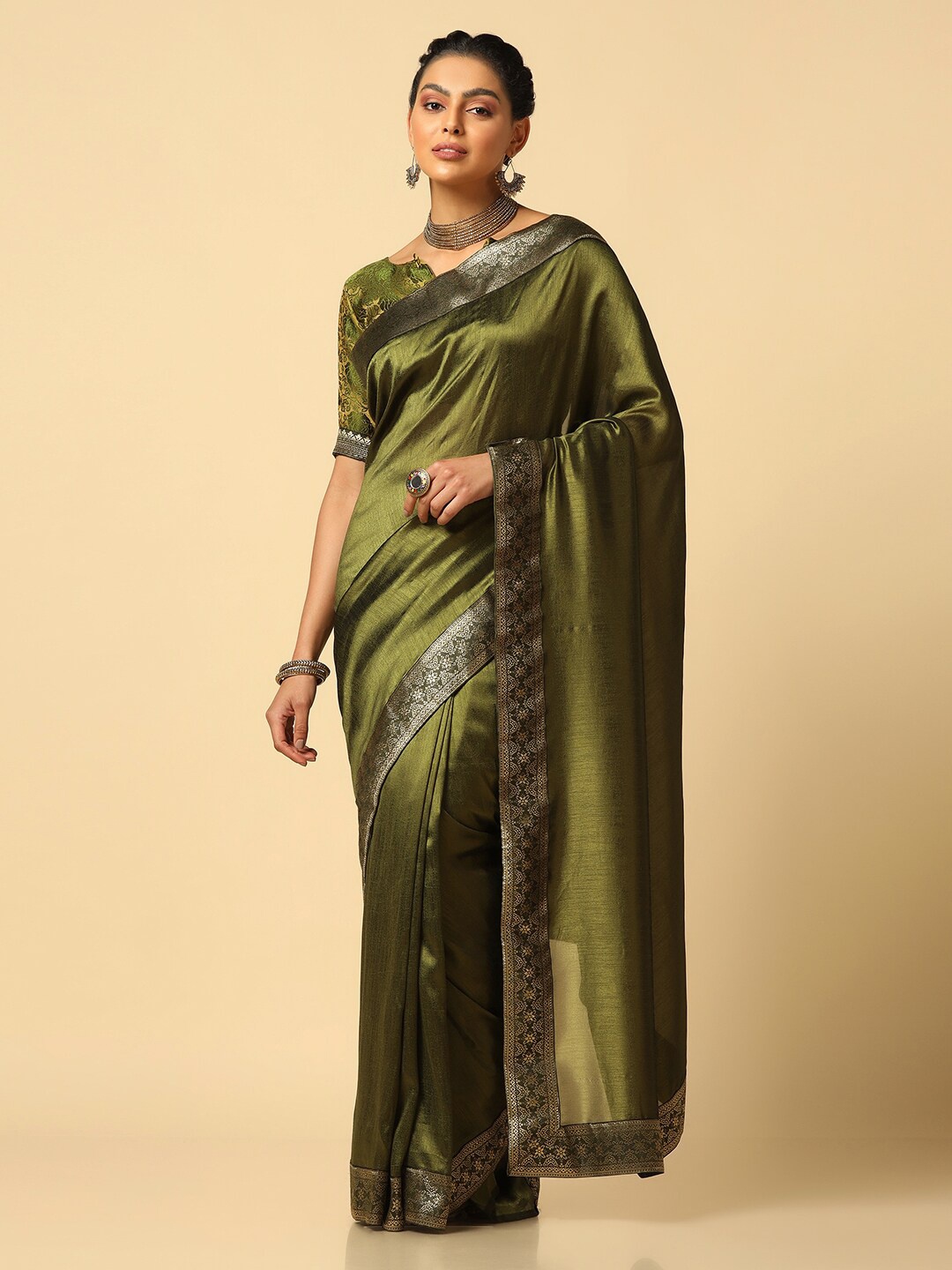 

Satrani Woven Design Zari Saree, Olive