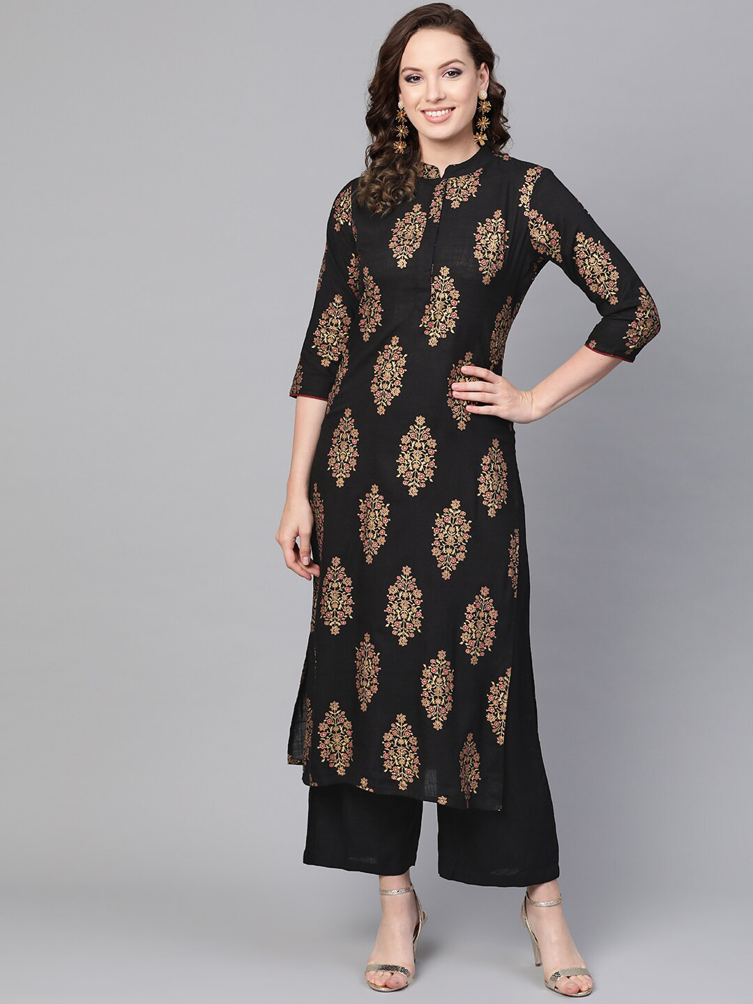 

Idalia Ethnic Motifs Printed Mandarin Collar Kurta with Palazzos, Black