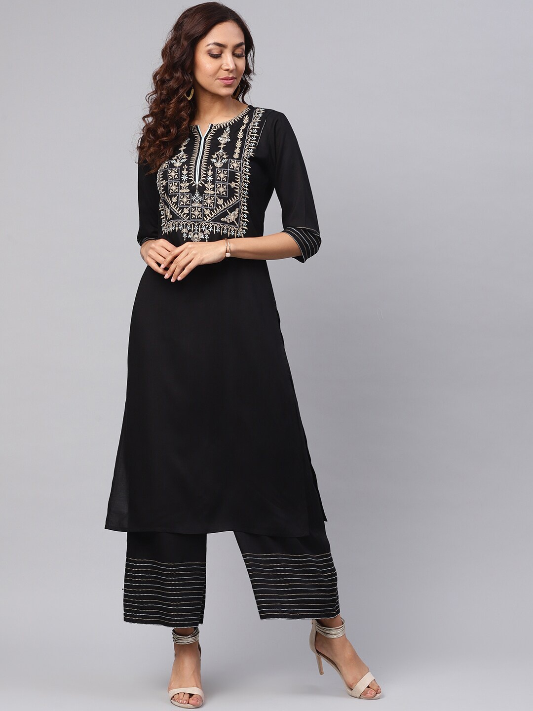 

Idalia Ethnic Motifs Embroidered Notched Neck A-Line Kurta with Palazzos, Black