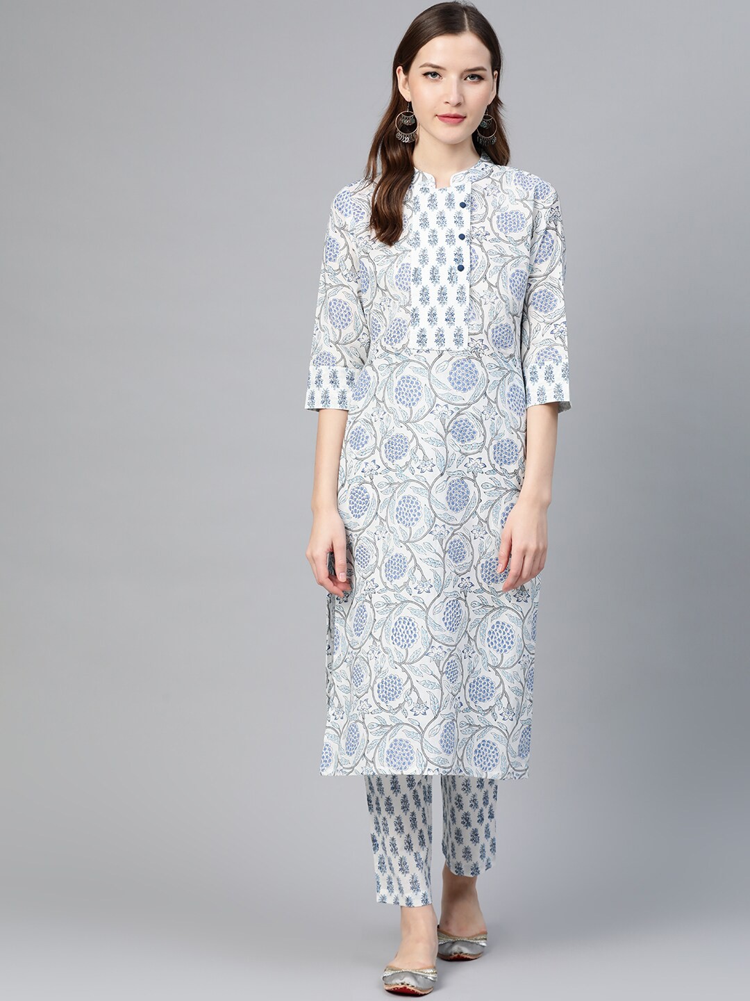 

Idalia Floral Printed Mandarin Collar Kurta with Trousers, Blue