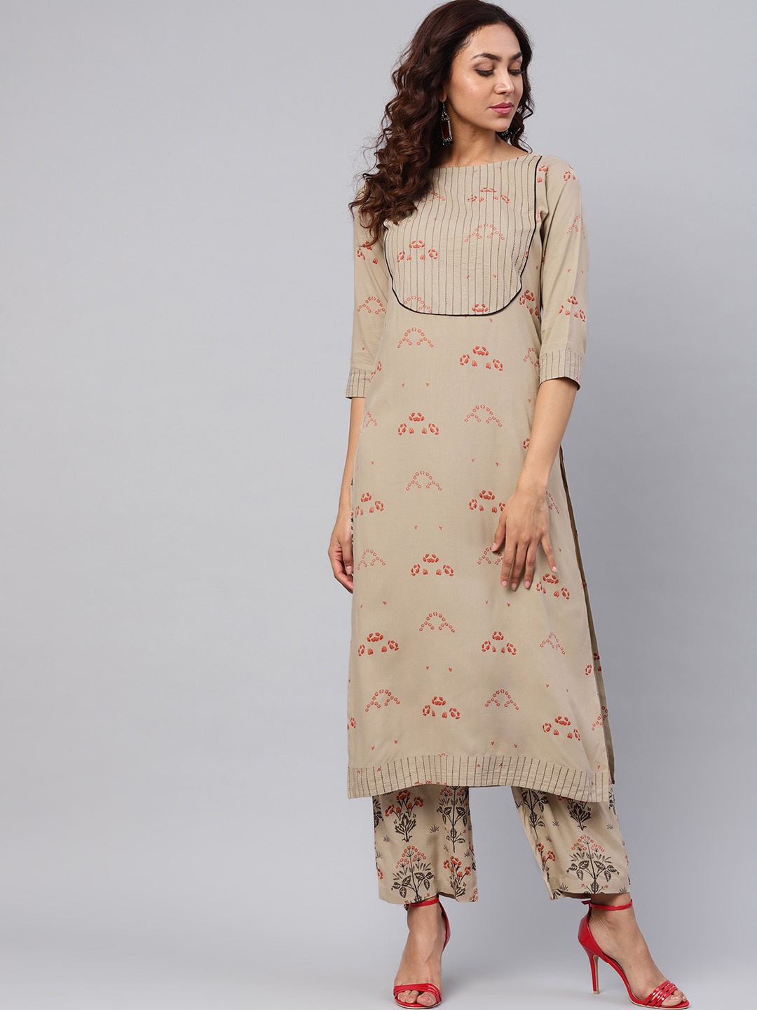 

Idalia Floral Printed Boat Neck Thread Work Kurta with Trousers, Camel brown