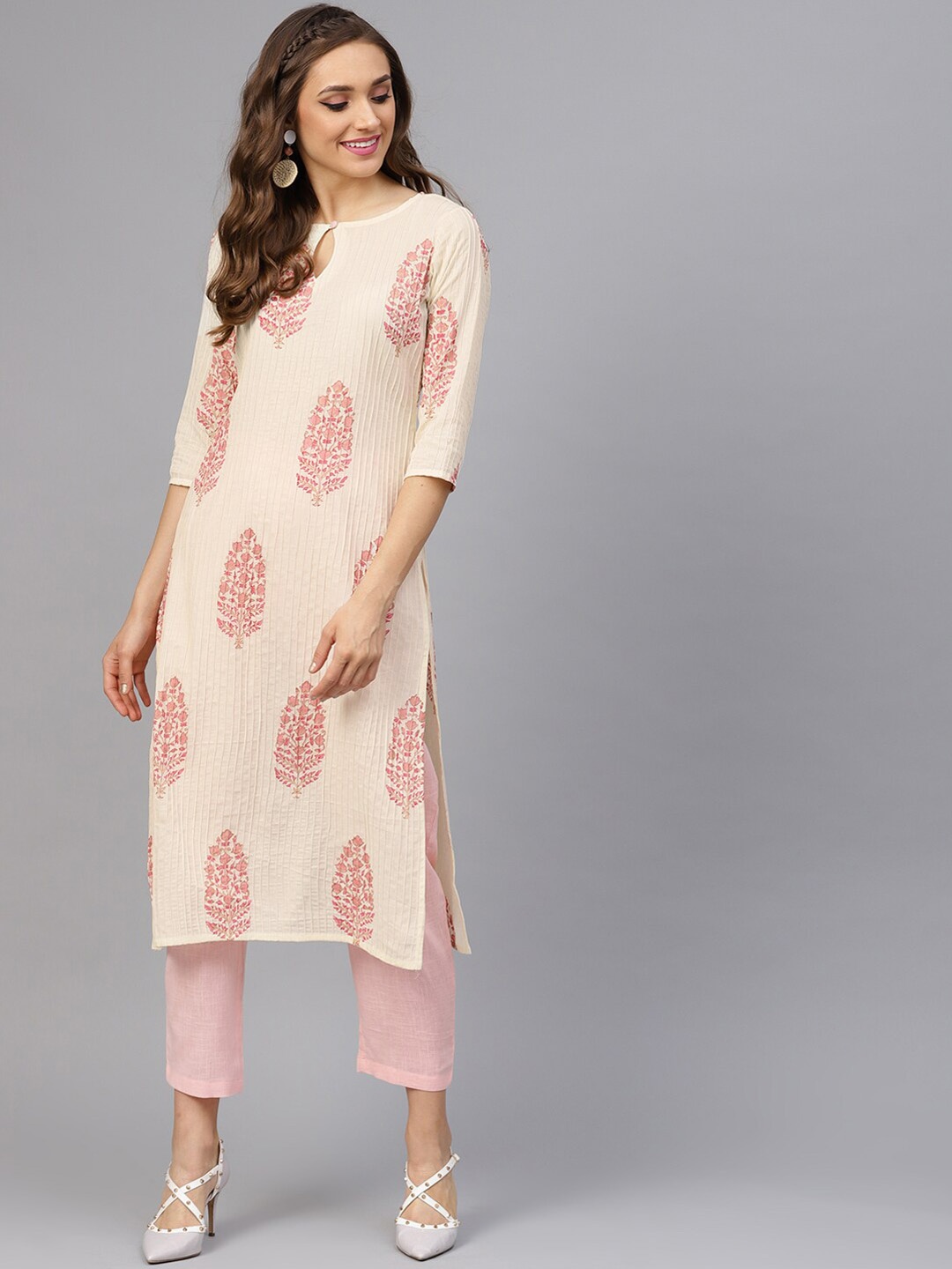 

Idalia Floral Printed Boat Neck Kurta with Trousers, Cream