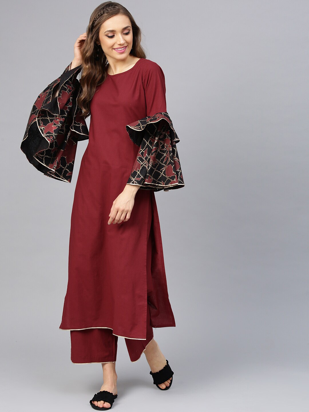 

Idalia Floral Printed Bell Sleeves Gotta Patti Kurta with Palazzos, Maroon