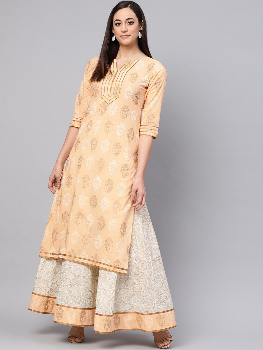 

Idalia Ethnic Motifs Printed Gotta Patti Kurta with Skirt, Peach