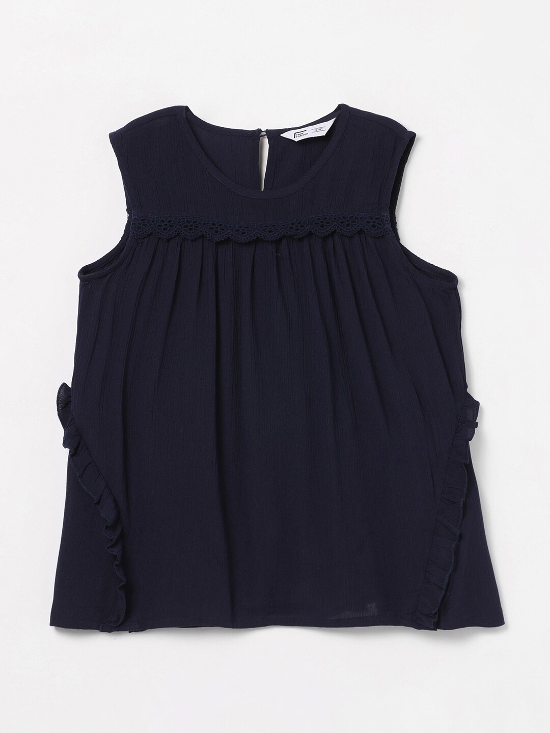 

Fame Forever by Lifestyle Girls Round Neck Ruffles A-Line Top, Navy blue